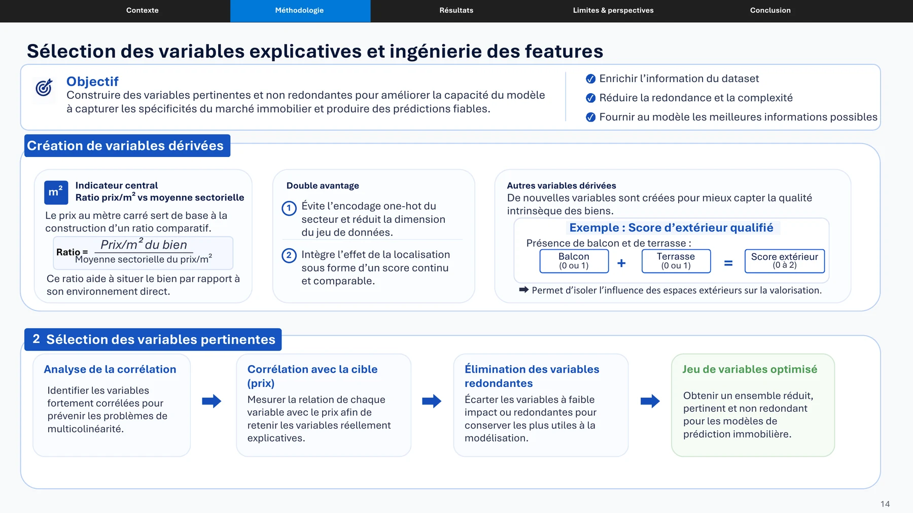 Slide de soutenance sur la sélection des variables et le feature engineering