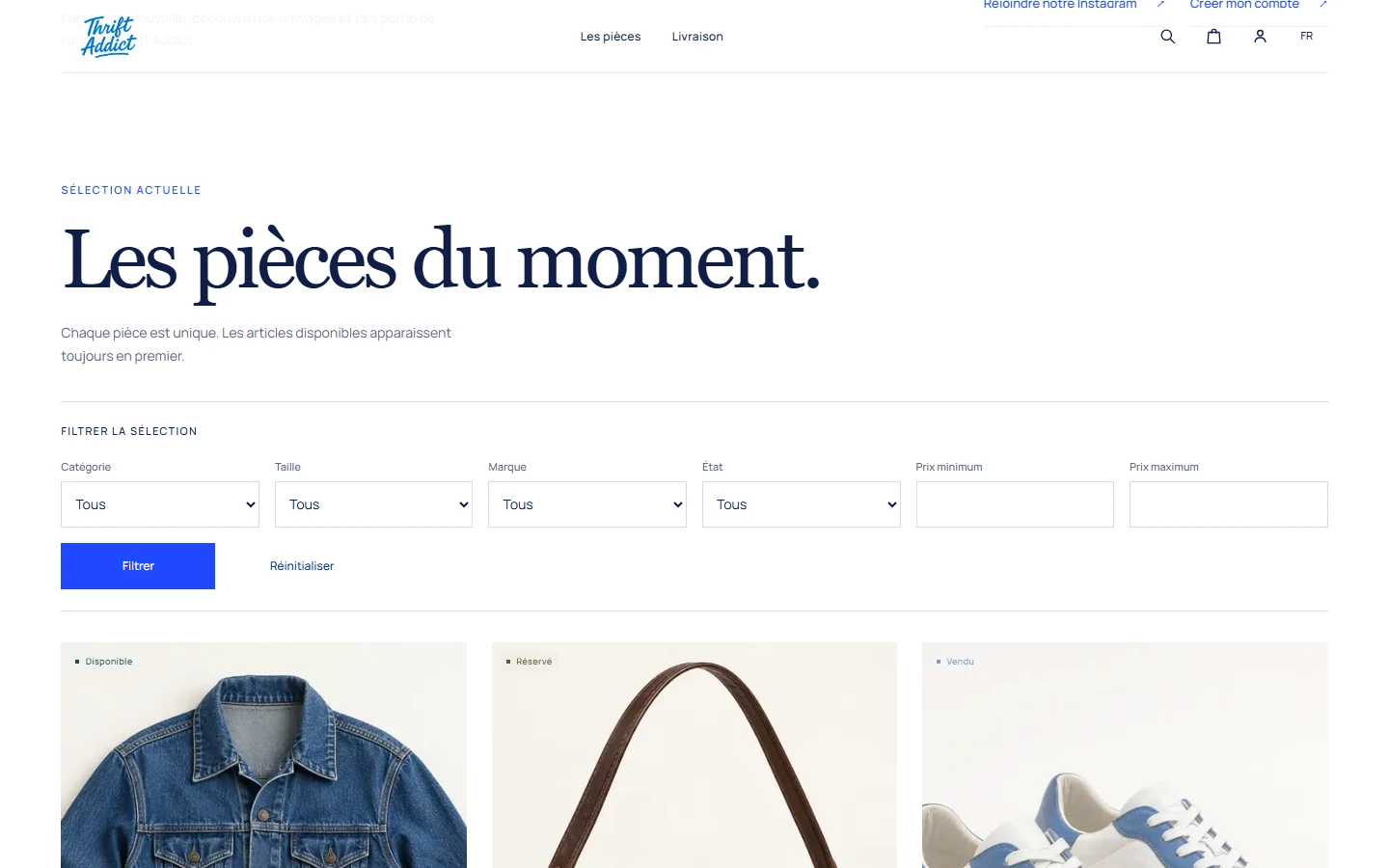 Capture de l’interface catalogue du prototype Thrift Addict, avec filtres et produits de démonstration générés